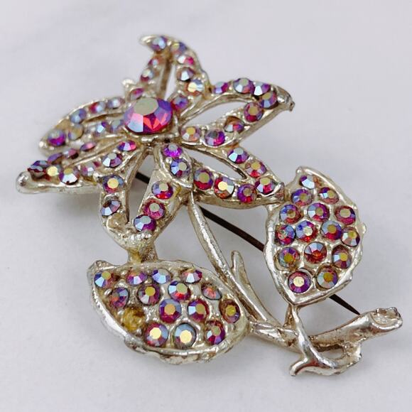 Mid Century AB Rhinestone Floral Brooch Silver Tone Textured Metal Vintage Pin - Picture 9 of 11